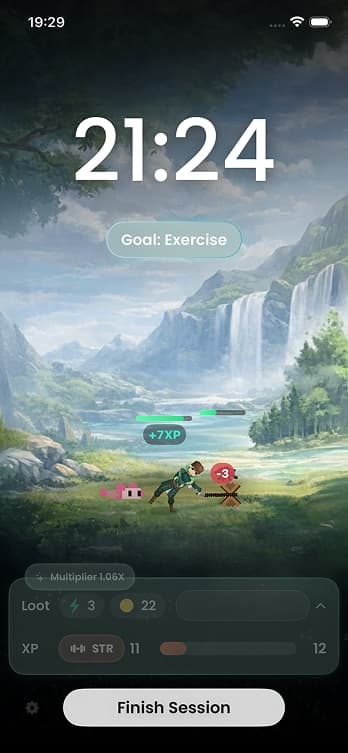 Focus Hero session screen with XP reward