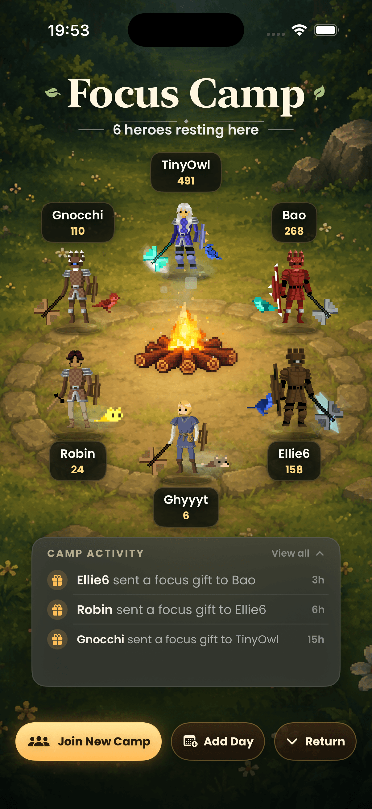 Focus Camp showing six players' heroes around a campfire and a shared camp activity log